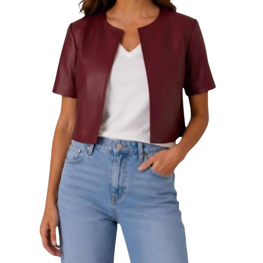 NEW J. SOCIETY faux leather short sleeve collarless jacket in bordeaux